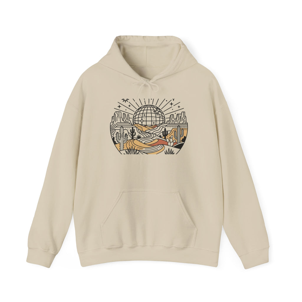 Desert Road Trip Hoodie — Retro Sunset Scenic Graphic Hooded Sweatshirt