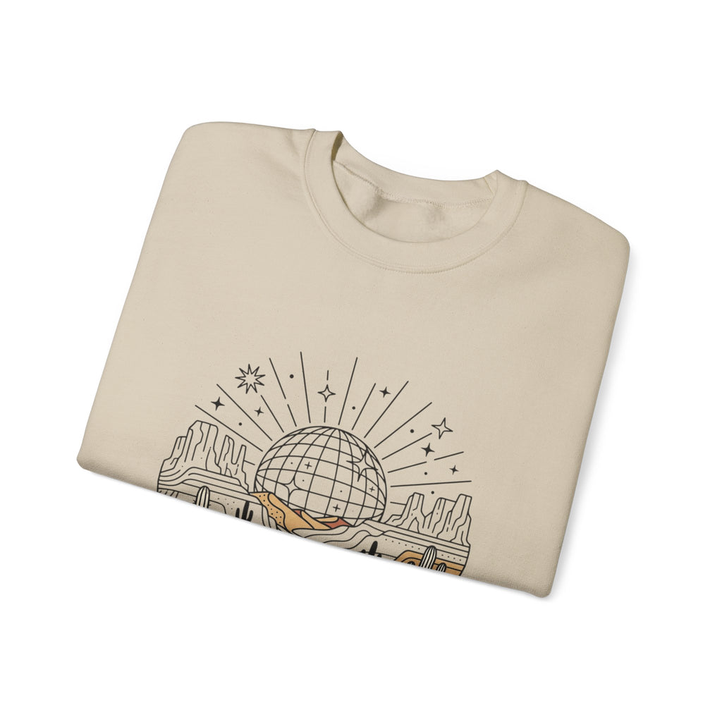 Desert Disco Crewneck Sweatshirt — Retro Sunset Cactus Landscape