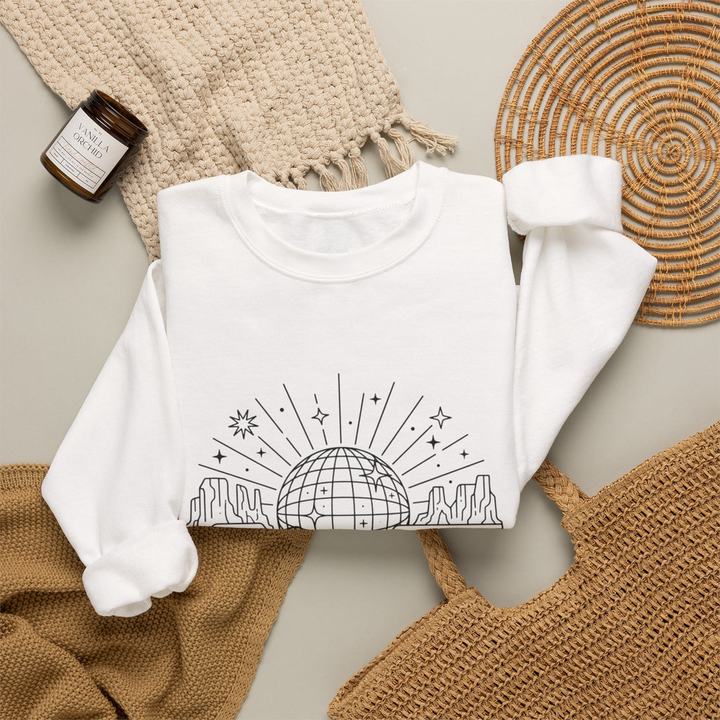 Desert Disco Crewneck Sweatshirt — Retro Sunset Cactus Landscape