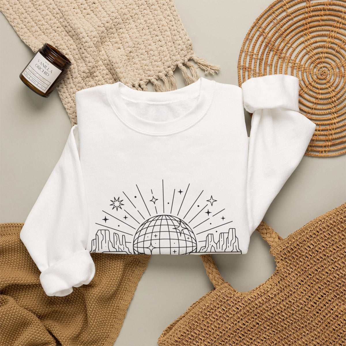 Desert Disco Crewneck Sweatshirt — Retro Sunset Cactus Landscape