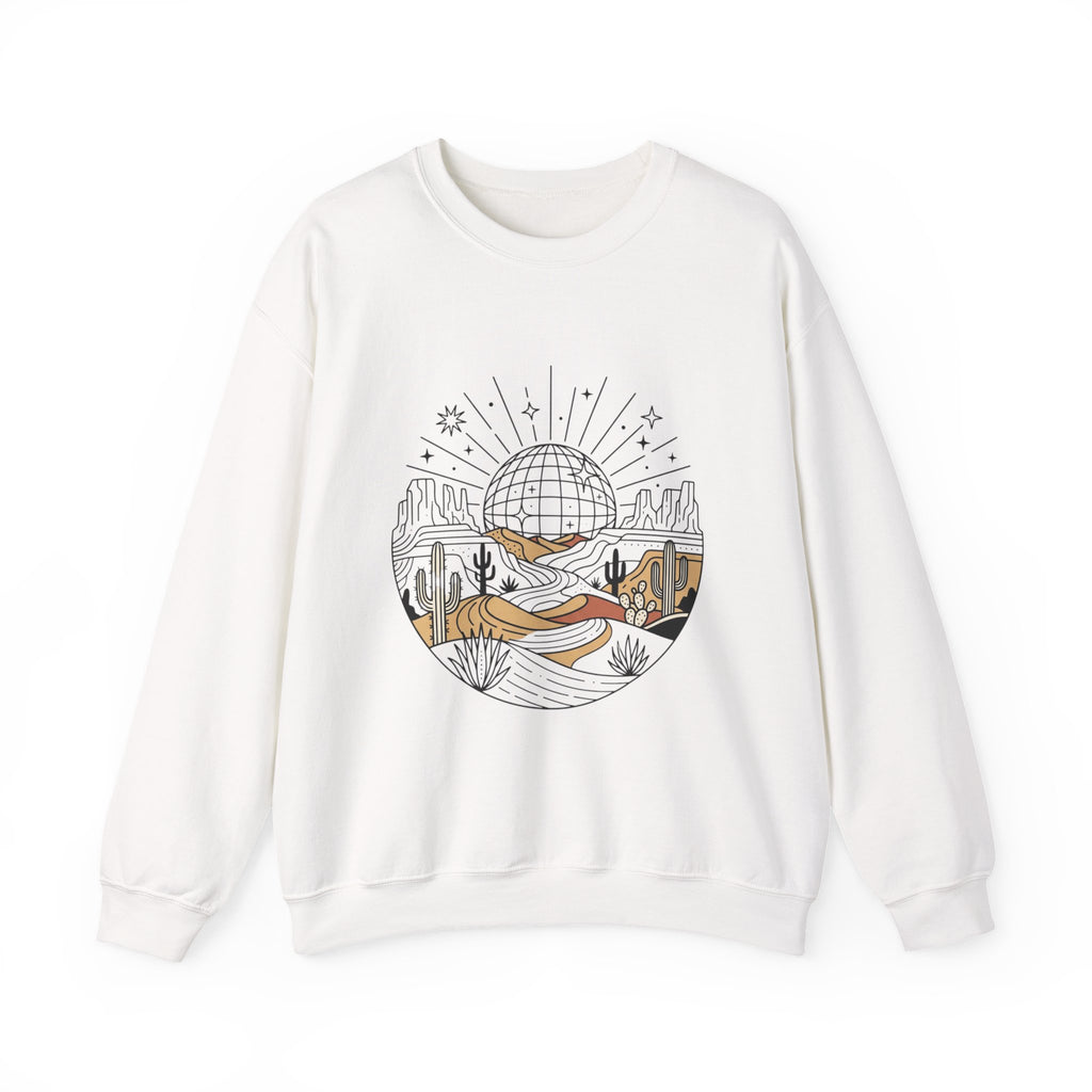Desert Disco Crewneck Sweatshirt — Retro Sunset Cactus Landscape