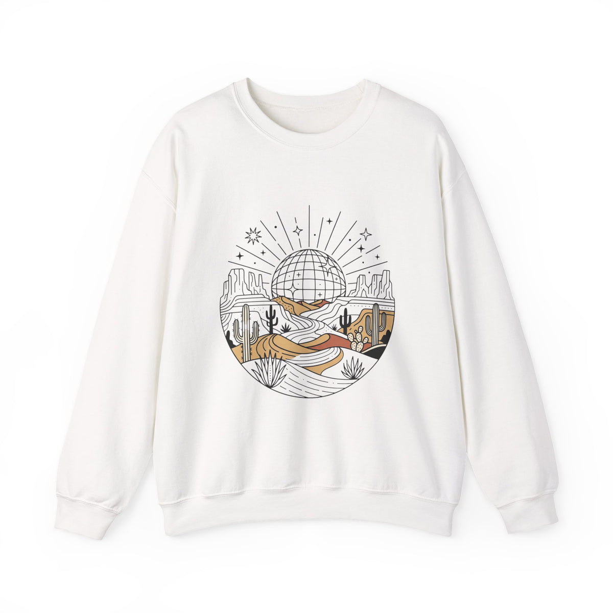 Desert Disco Crewneck Sweatshirt — Retro Sunset Cactus Landscape
