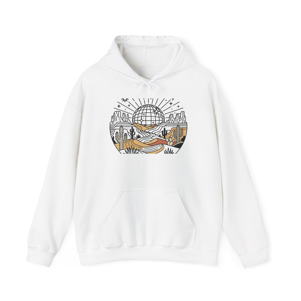 Desert Road Trip Hoodie — Retro Sunset Scenic Graphic Hooded Sweatshirt