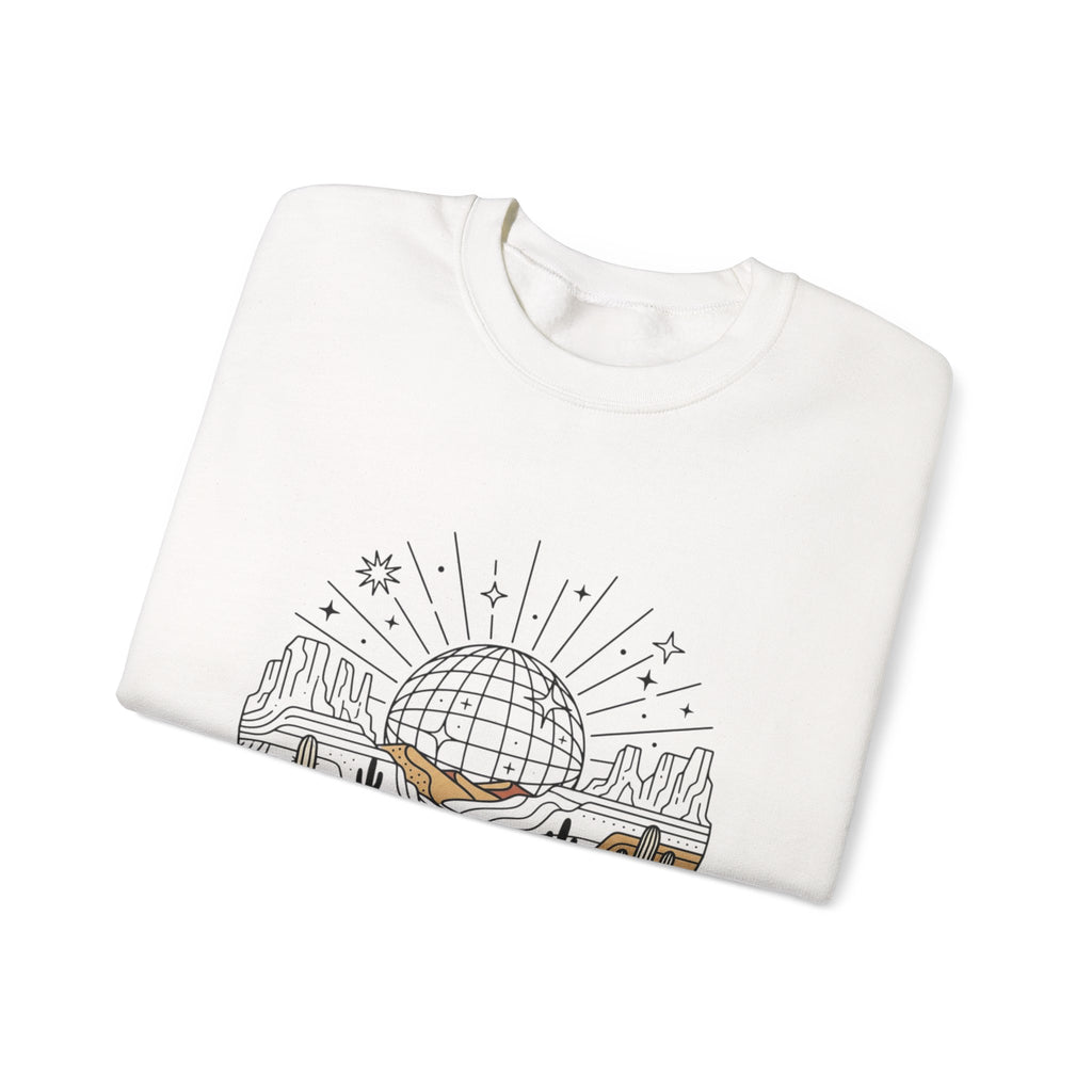Desert Disco Crewneck Sweatshirt — Retro Sunset Cactus Landscape