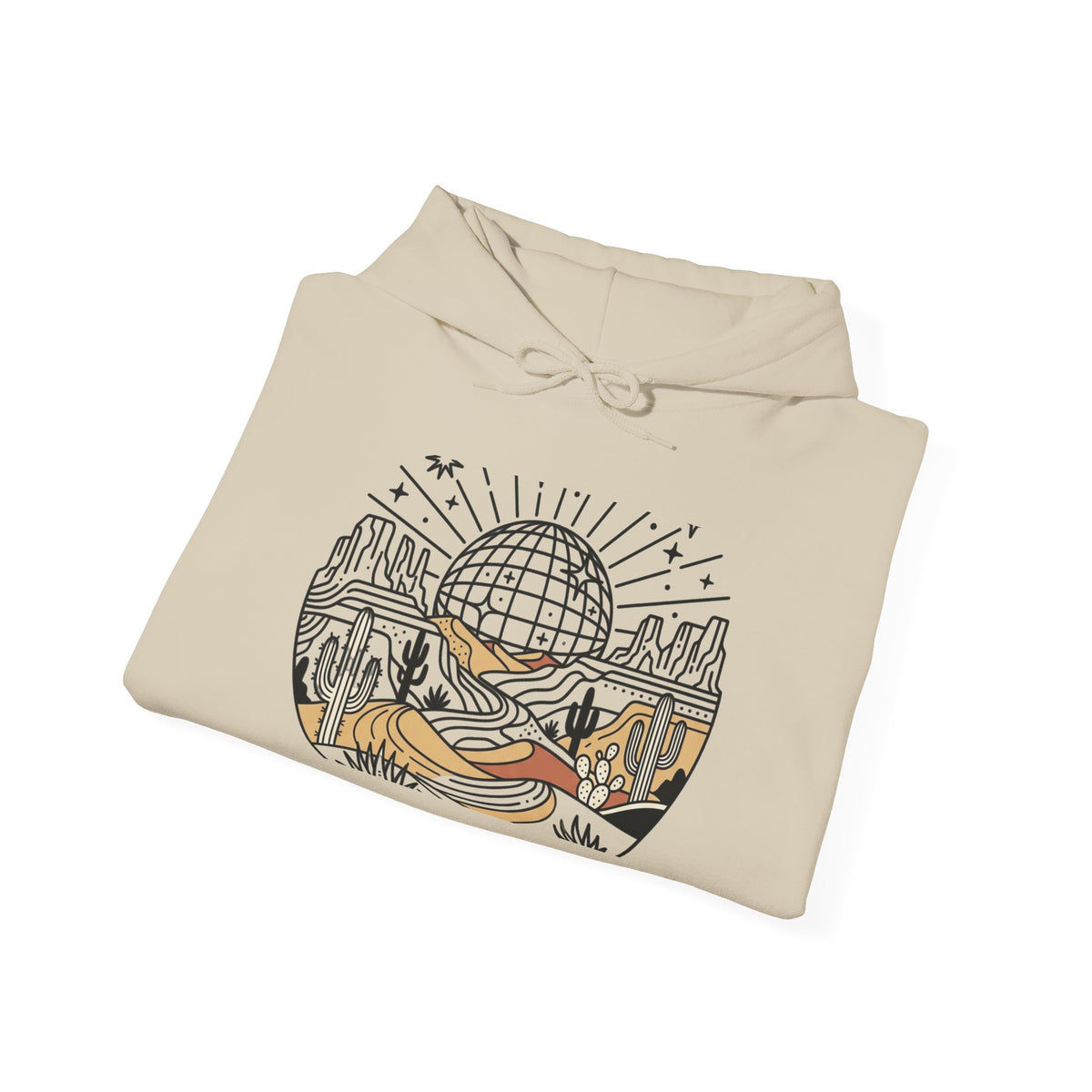 Desert Road Trip Hoodie — Retro Sunset Scenic Graphic Hooded Sweatshirt