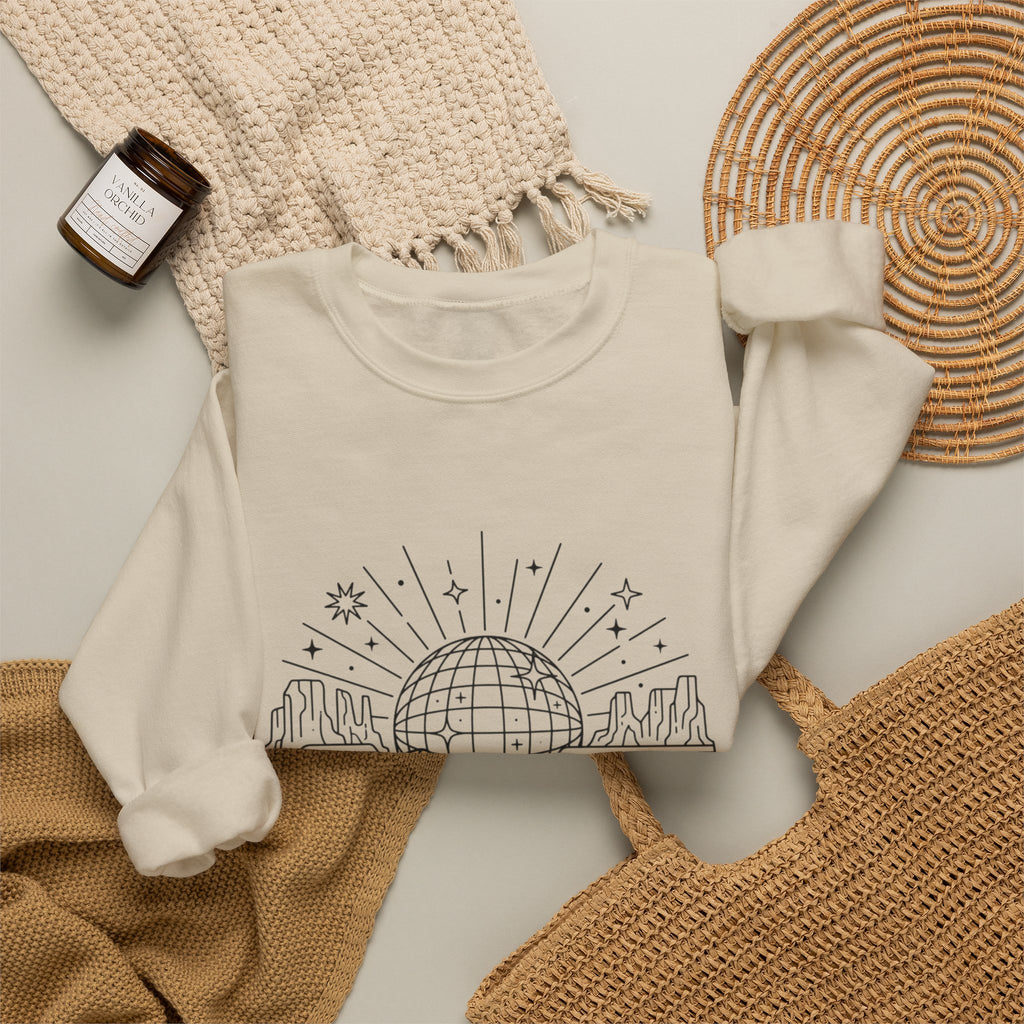 Desert Disco Crewneck Sweatshirt — Retro Sunset Cactus Landscape