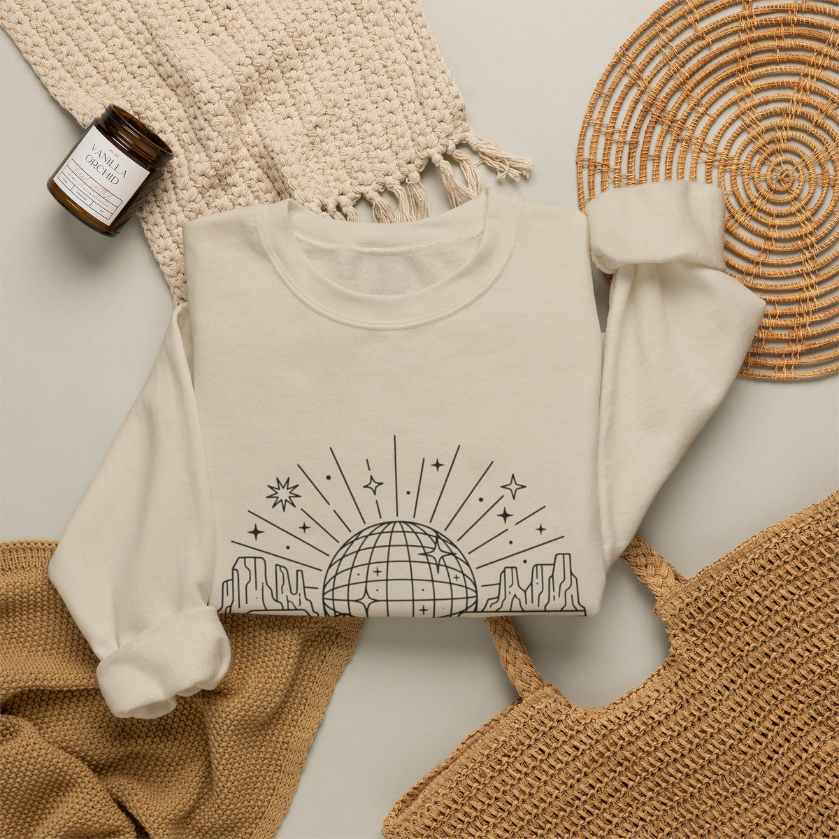 Desert Disco Crewneck Sweatshirt — Retro Sunset Cactus Landscape