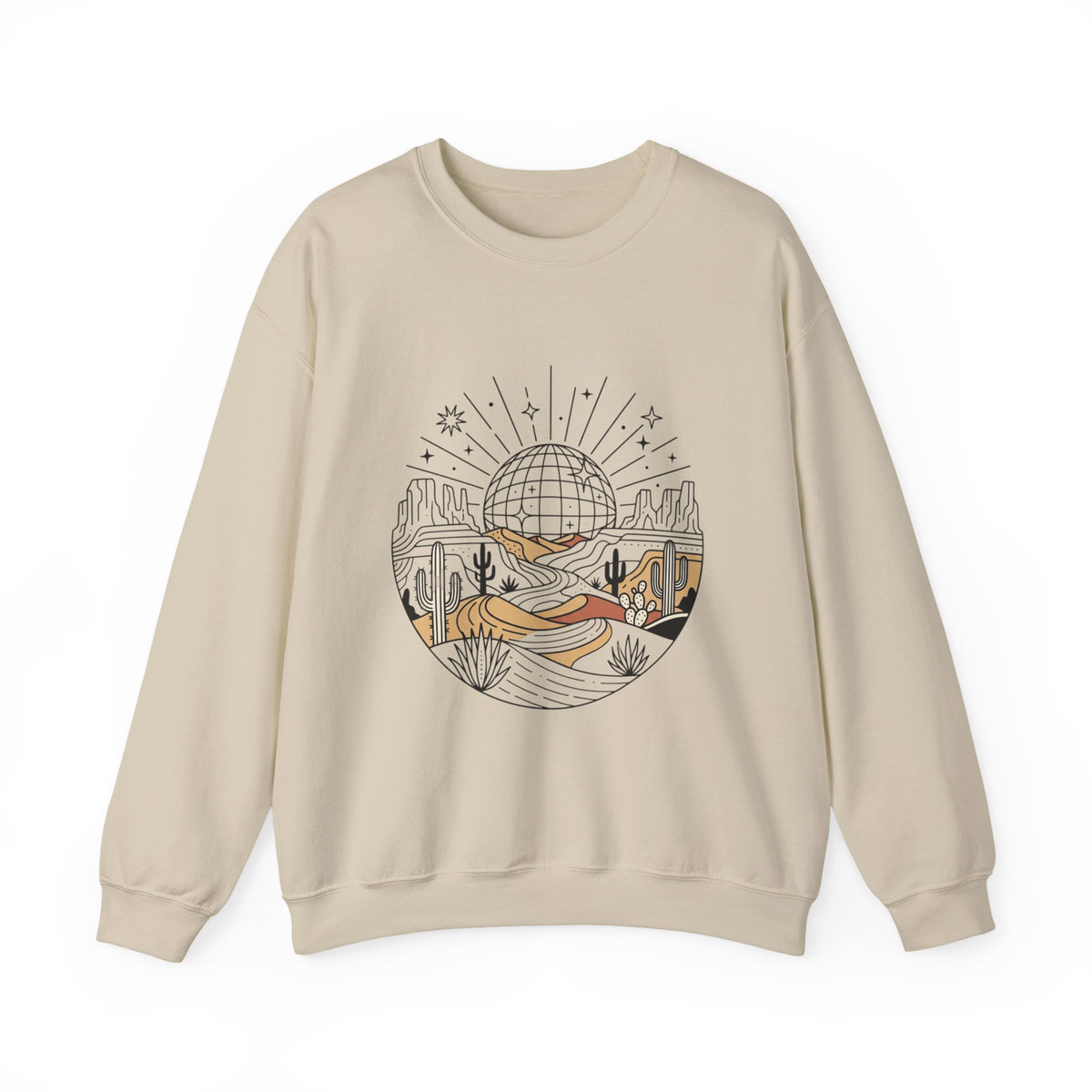 Desert Disco Crewneck Sweatshirt — Retro Sunset Cactus Landscape