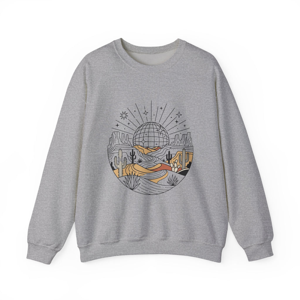 Desert Disco Crewneck Sweatshirt — Retro Sunset Cactus Landscape