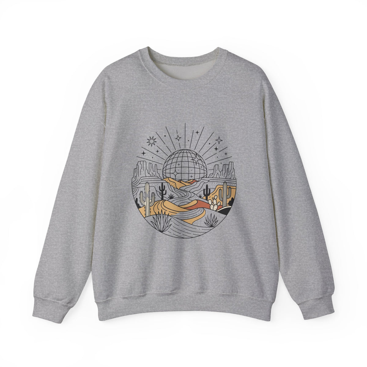Desert Disco Crewneck Sweatshirt — Retro Sunset Cactus Landscape