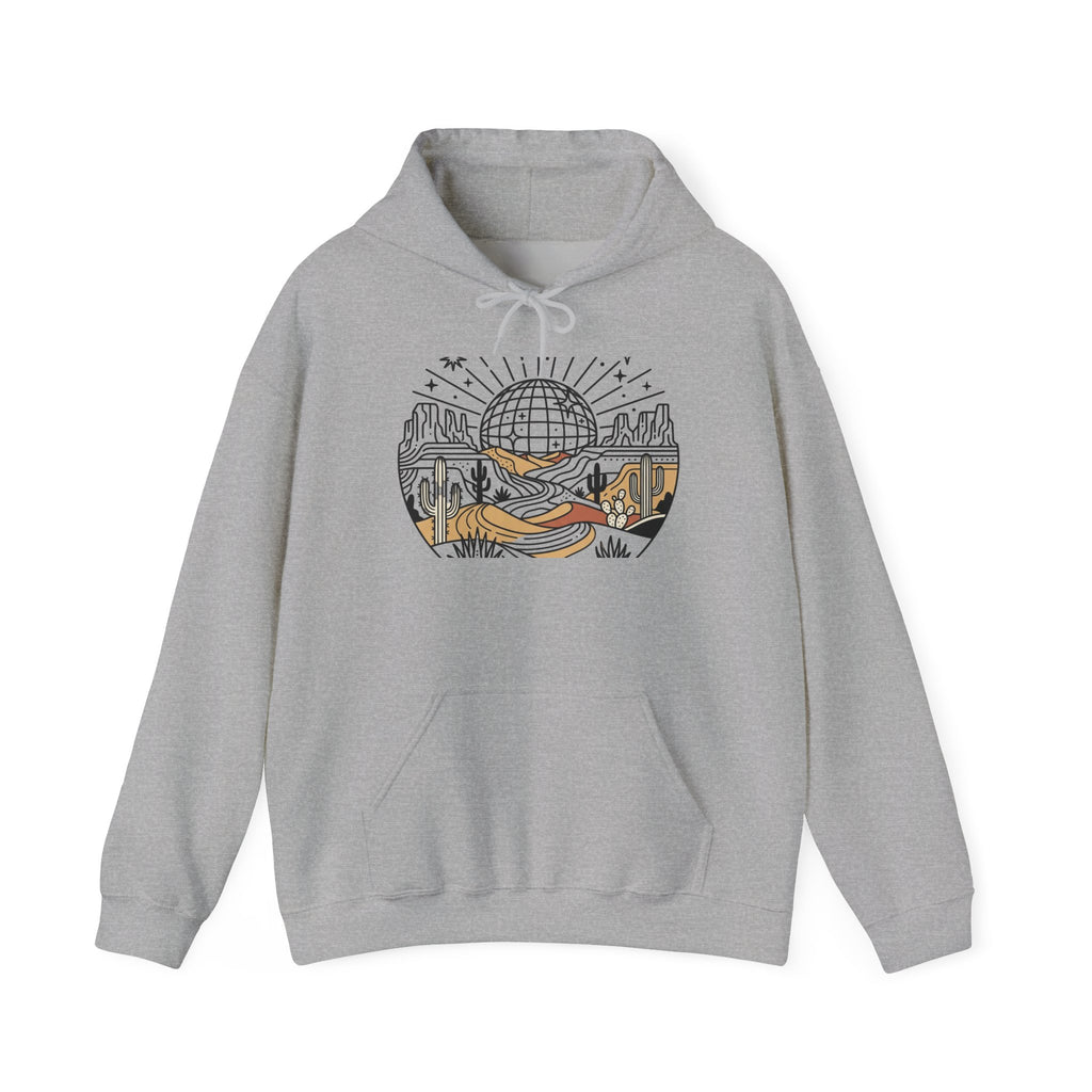 Desert Road Trip Hoodie — Retro Sunset Scenic Graphic Hooded Sweatshirt