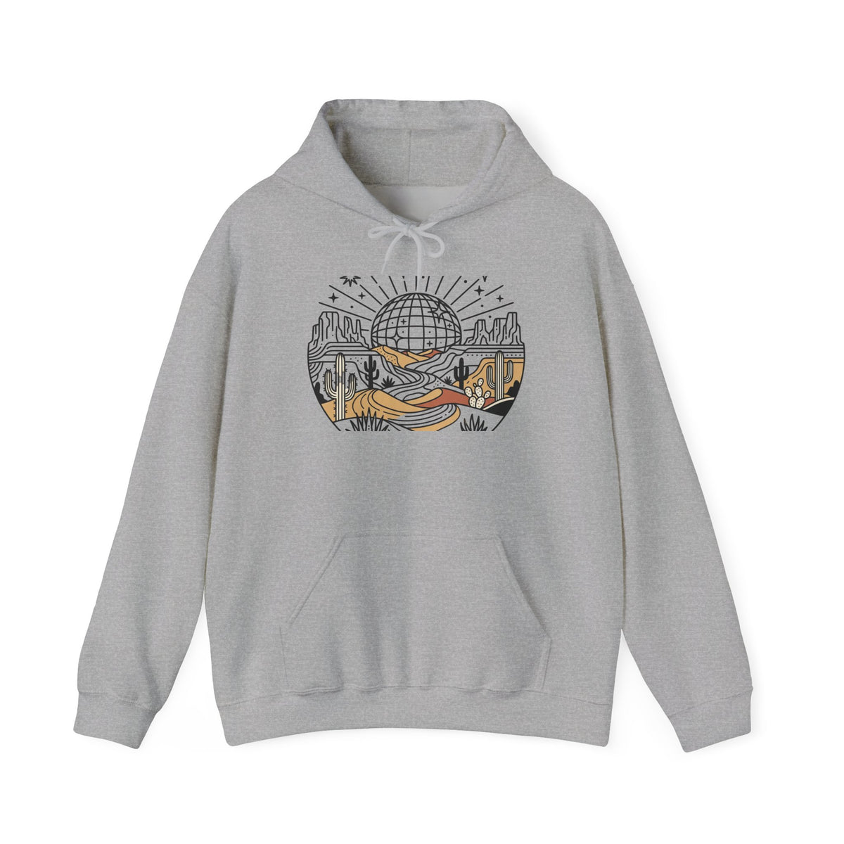 Desert Road Trip Hoodie — Retro Sunset Scenic Graphic Hooded Sweatshirt